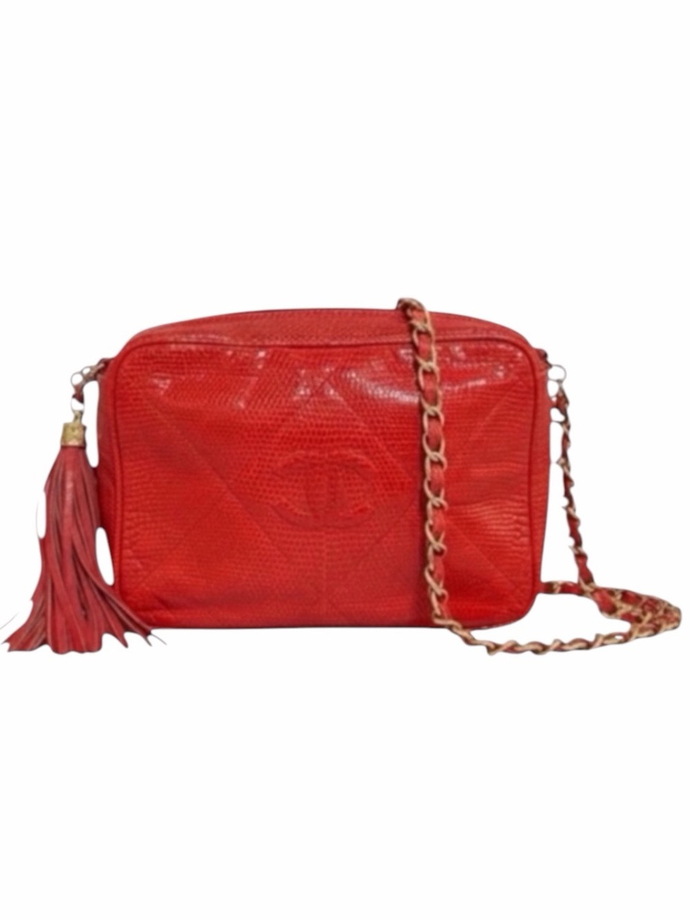 CHANEL Camera Bag Red Exotic Lizard w/ Tassel, Chain Strap - Vintage